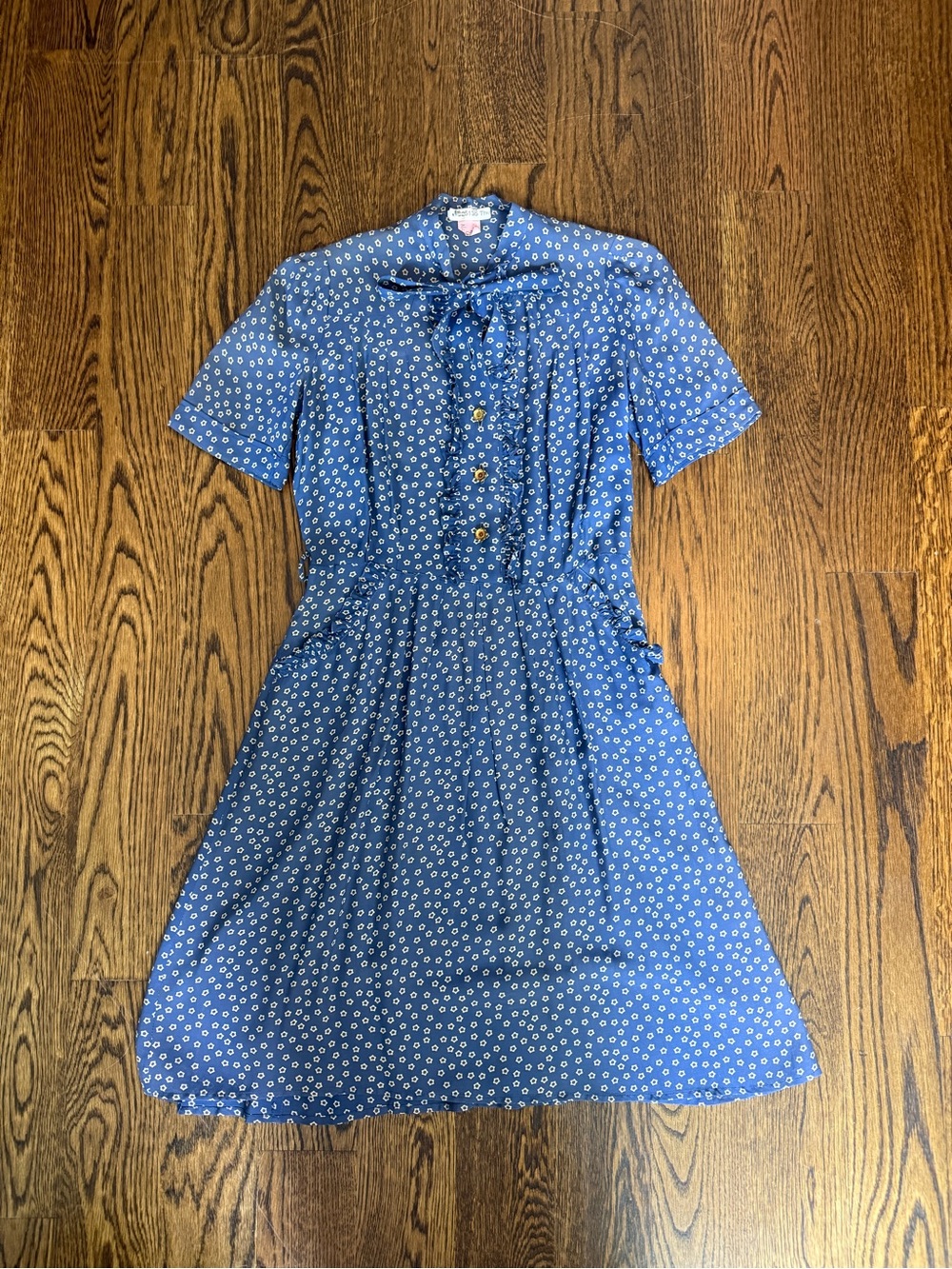 Blue Floral Button-Up Tie-Neck Dress